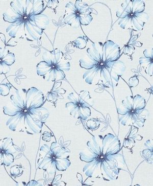 Gri Zemin Renkli Mavi Çiçekli Duvar Kağıdı