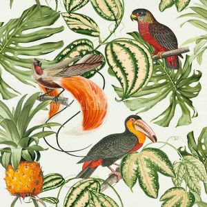 Gri Zemin Renkli Meyveli Ağaçlı Kuş Resimli Popart Duvar Kağıdı