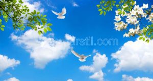Gökyüzü-Beyaz Çiçekli-Yeşil Yaprak Dalı
