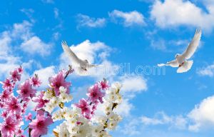 Gökyüzü-Beyaz-Pembe Çiçekli Bahar Dalı-Kuş