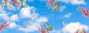 Gökyüzü-Beyaz Pembe Çiçekli Bahar Dalı